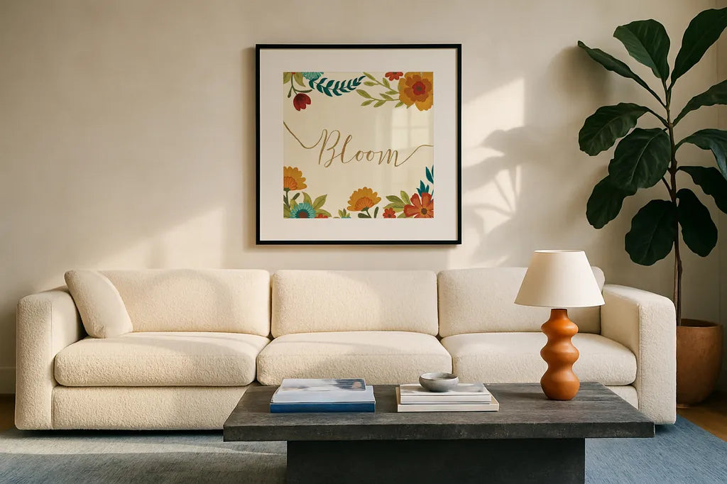 Flourish V by Veronique Charron. Displayed in a glass frame with matte in a clean modern living room. Available as an archival giclee rolled canvas, fine art paper, or poster print. SKU 34535a.