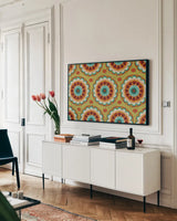 Flourish VI by Veronique Charron. shown as a framed stretched canvas in a living room above a console. Available as a archival giclee rolled canvas, fine art paper, or poster print. SKU 33564i.