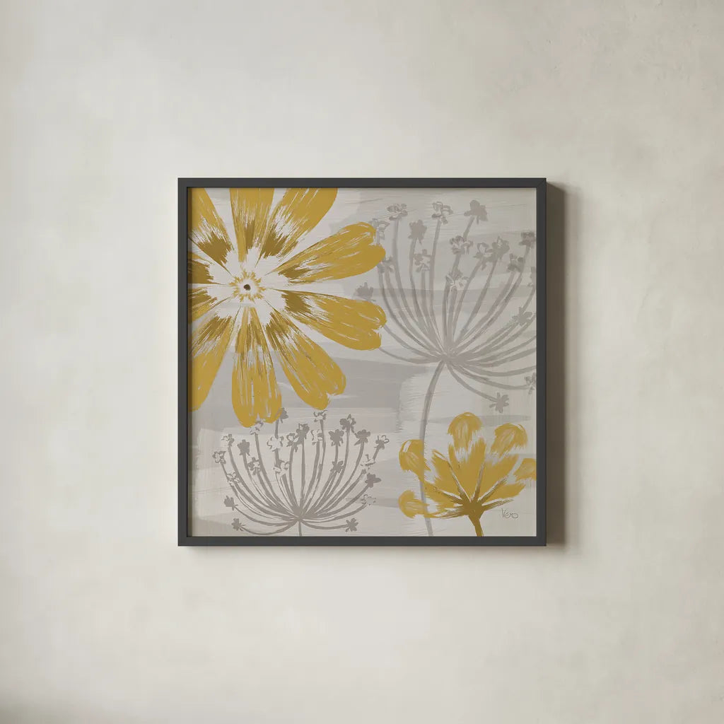 Flowers in the Wind I by Veronique Charron. Shown in a sleek black glass frame for a contemporary gallery look. Available as an archival giclee rolled canvas, fine art paper, or poster print. SKU 14053a.