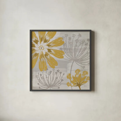 Flowers in the Wind I by Veronique Charron. Shown in a sleek black glass frame for a contemporary gallery look. Available as an archival giclee rolled canvas, fine art paper, or poster print. SKU 14053a.
