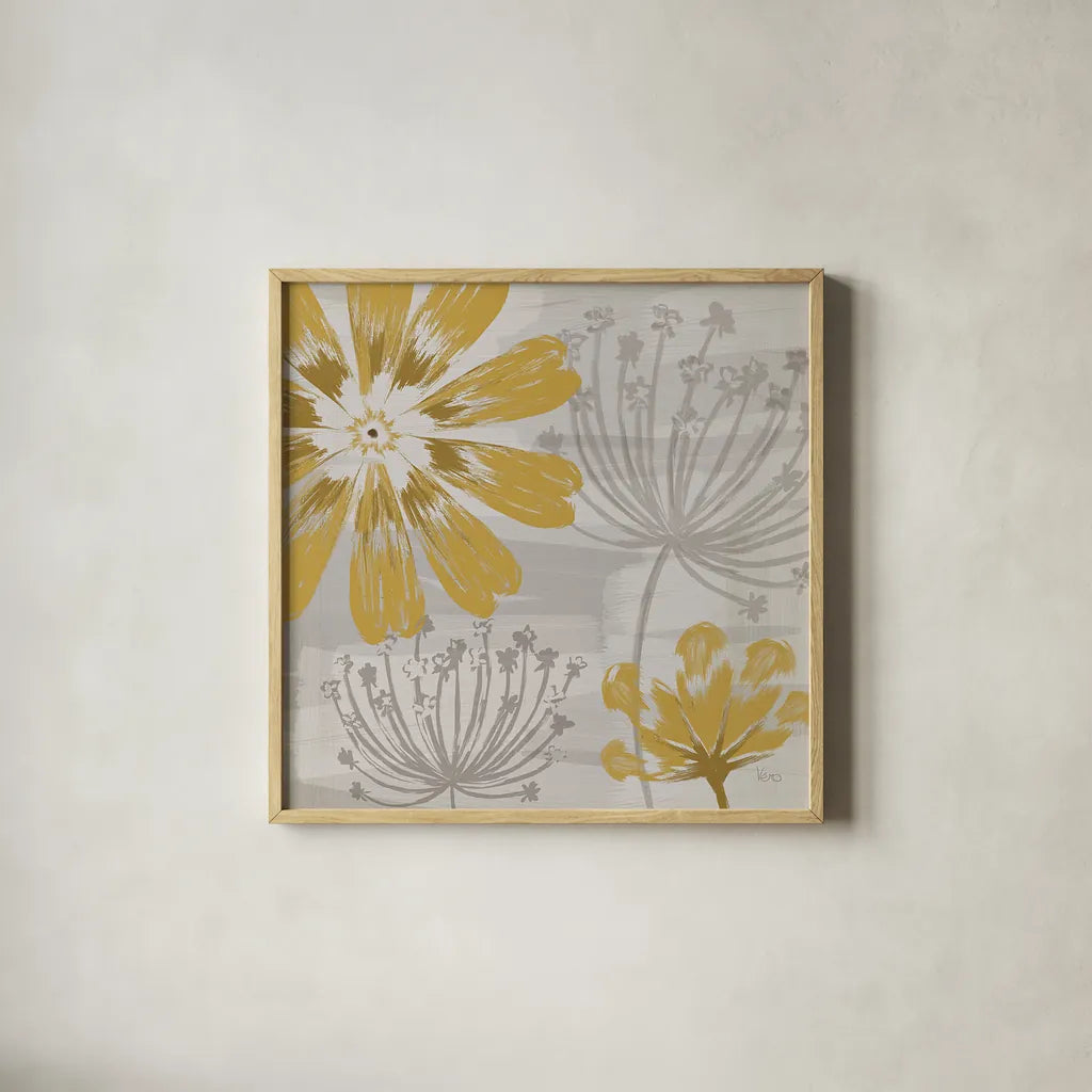 Flowers in the Wind I by Veronique Charron. Shown in a natural wood glass frame for a timeless modern aesthetic. Available as an archival giclee rolled canvas, fine art paper, or poster print. SKU 14053a.