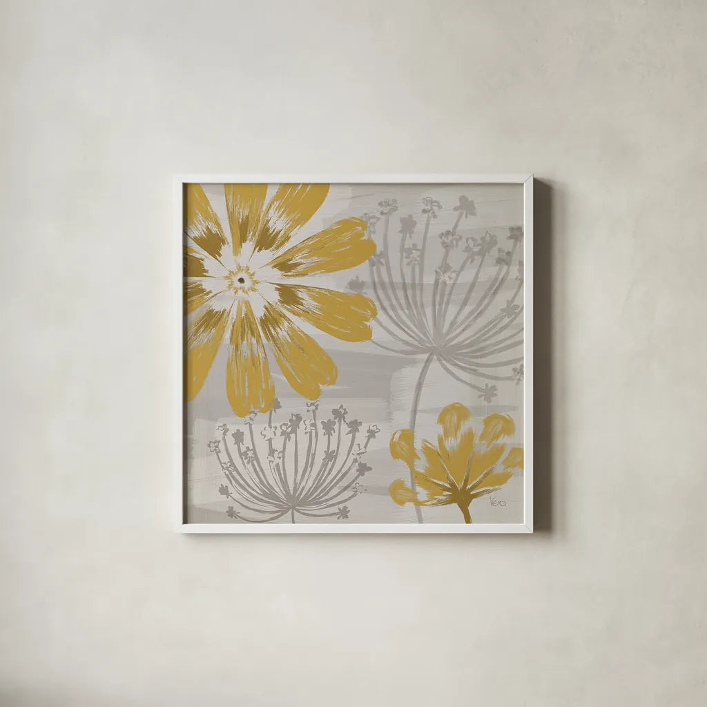 Flowers in the Wind I by Veronique Charron. Shown in a crisp white glass frame for a clean and minimalist style. Available as an archival giclee rolled canvas, fine art paper, or poster print. SKU 14053a.