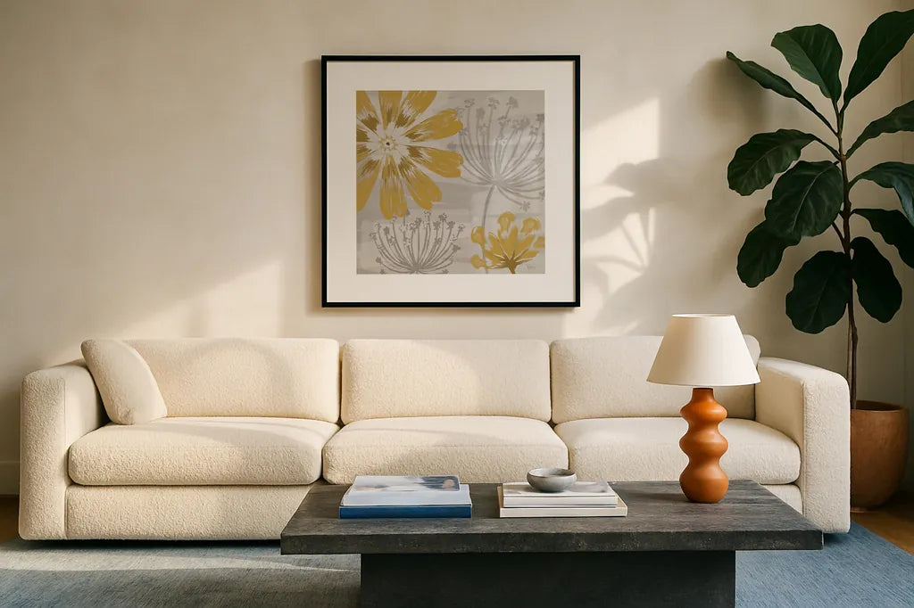 Flowers in the Wind I by Veronique Charron. Displayed in a glass frame with matte in a clean modern living room. Available as an archival giclee rolled canvas, fine art paper, or poster print. SKU 14053a.