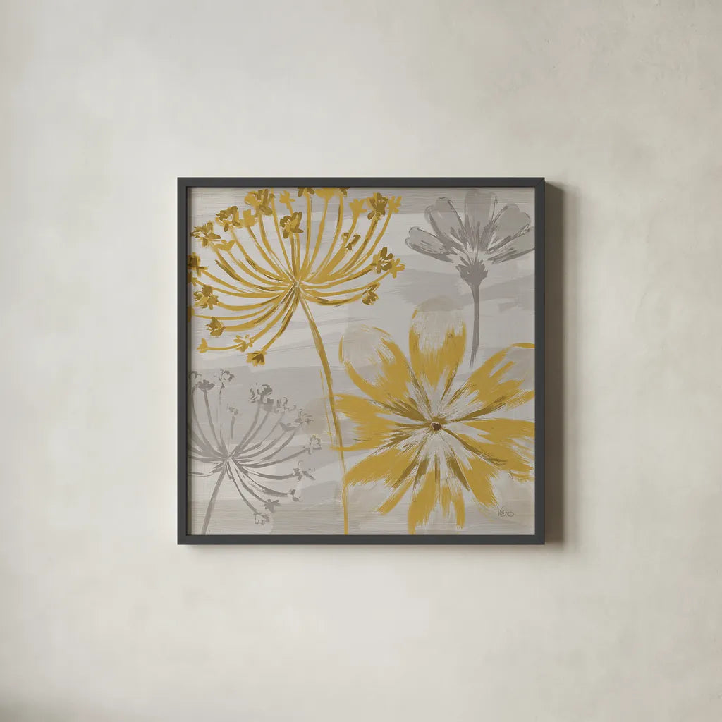 Flowers in the Wind II by Veronique Charron. Shown in a sleek black glass frame for a contemporary gallery look. Available as an archival giclee rolled canvas, fine art paper, or poster print. SKU 14054a.
