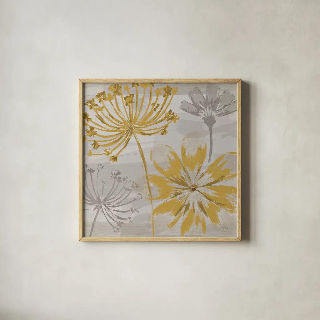 Flowers in the Wind II by Veronique Charron. Shown in a natural wood glass frame for a timeless modern aesthetic. Available as an archival giclee rolled canvas, fine art paper, or poster print. SKU 14054a.