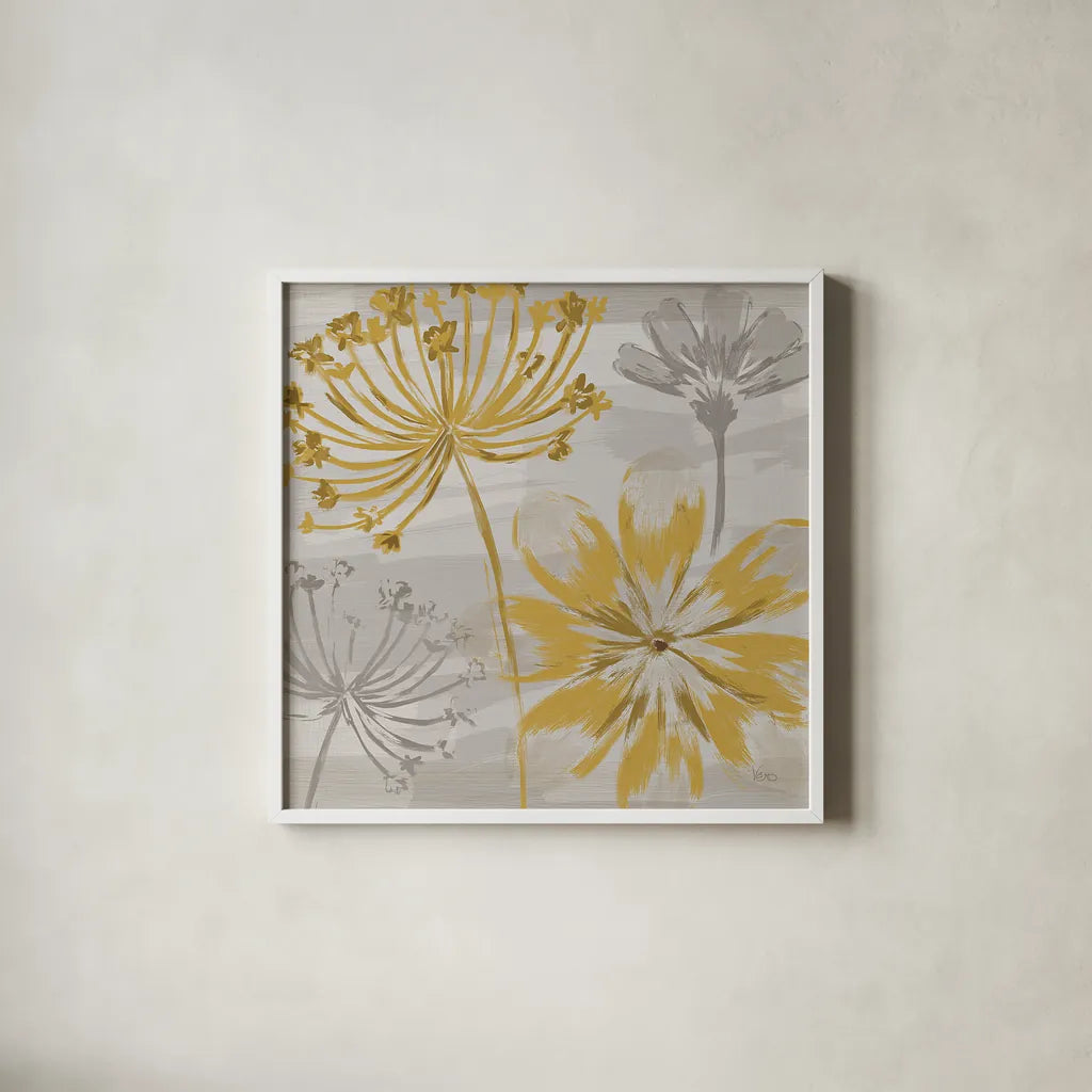 Flowers in the Wind II by Veronique Charron. Shown in a crisp white glass frame for a clean and minimalist style. Available as an archival giclee rolled canvas, fine art paper, or poster print. SKU 14054a.