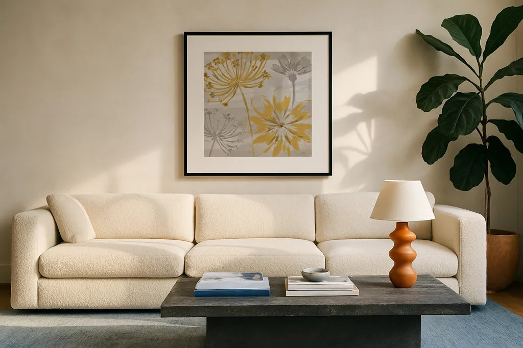 Flowers in the Wind II by Veronique Charron. Displayed in a glass frame with matte in a clean modern living room. Available as an archival giclee rolled canvas, fine art paper, or poster print. SKU 14054a.