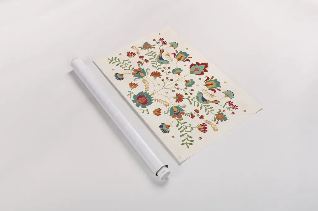 Folk Floral I by Veronique Charron. shown as a rolled paper print. Available as archival giclee rolled canvas, fine art paper, or poster print. SKU 47019i.