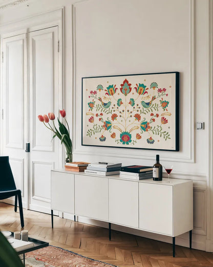 Folk Floral I by Veronique Charron. shown as a framed stretched canvas in a living room above a console. Available as a archival giclee rolled canvas, fine art paper, or poster print. SKU 47019i.