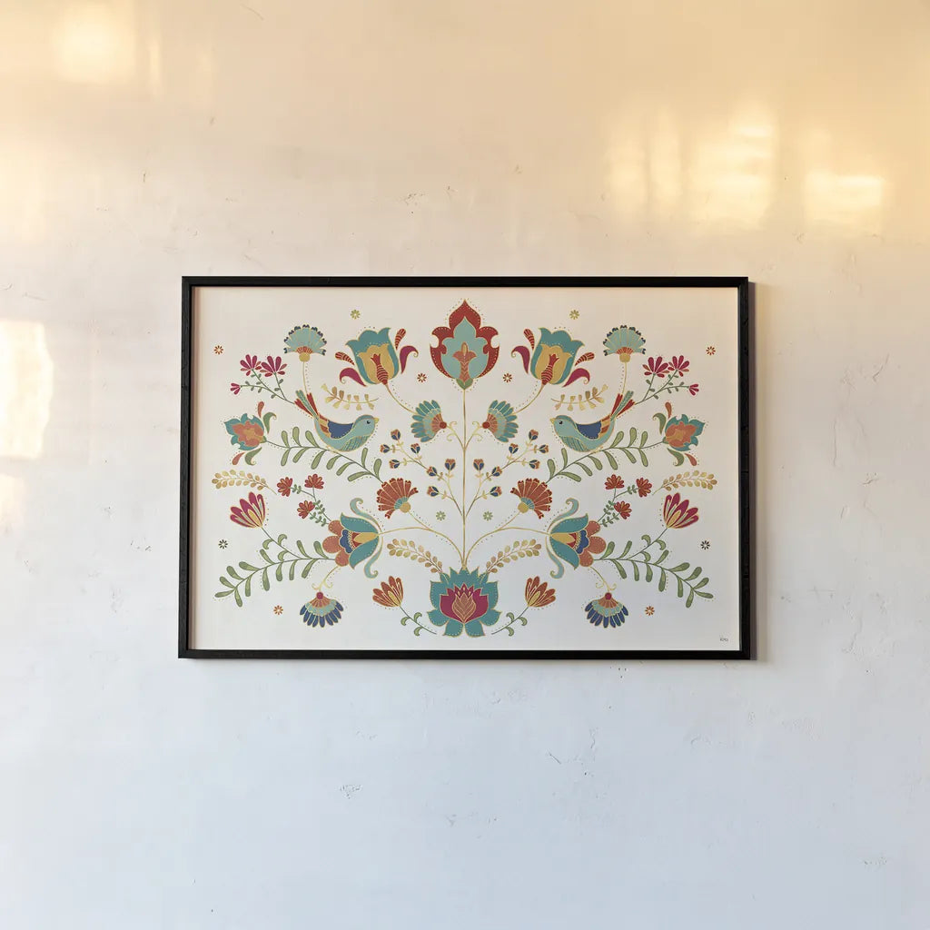 Folk Floral I by Veronique Charron. shown as a paper print in a black flame. Available as a archival giclee rolled canvas, fine art paper, or poster print. SKU 47019i.