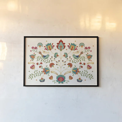 Folk Floral I by Veronique Charron. shown as a paper print in a black flame. Available as a archival giclee rolled canvas, fine art paper, or poster print. SKU 47019i.