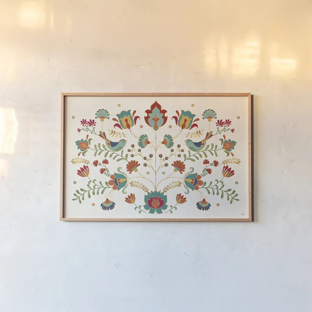 Folk Floral I by Veronique Charron. shown as a paper print in a natural frame. Available as a archival giclee rolled canvas, fine art paper, or poster print. SKU 47019i.