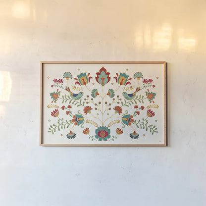 Folk Floral I by Veronique Charron. shown as a paper print in a natural frame. Available as a archival giclee rolled canvas, fine art paper, or poster print. SKU 47019i.