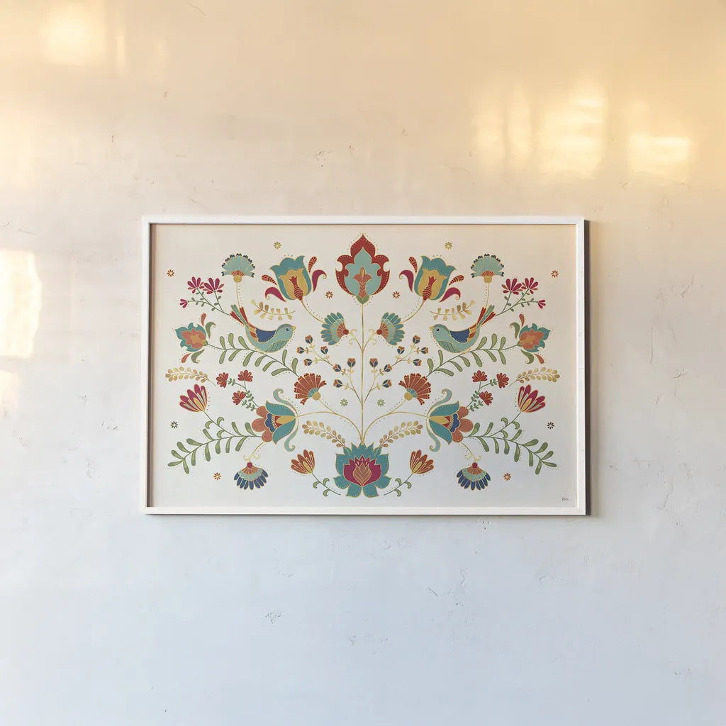 Folk Floral I by Veronique Charron. shown as a paper print in a white frame. Available as a archival giclee rolled canvas, fine art paper, or poster print. SKU 47019i.