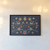 Folk Floral I Dark by Veronique Charron. shown as a paper print in a black flame. Available as a archival giclee rolled canvas, fine art paper, or poster print. SKU 47027i.