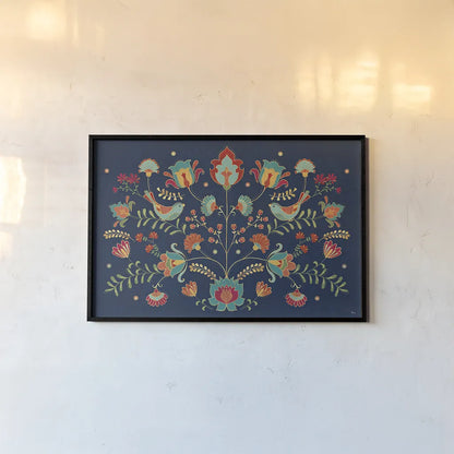 Folk Floral I Dark by Veronique Charron. shown as a paper print in a black flame. Available as a archival giclee rolled canvas, fine art paper, or poster print. SKU 47027i.