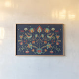 Folk Floral I Dark by Veronique Charron. shown as a paper print in a natural frame. Available as a archival giclee rolled canvas, fine art paper, or poster print. SKU 47027i.