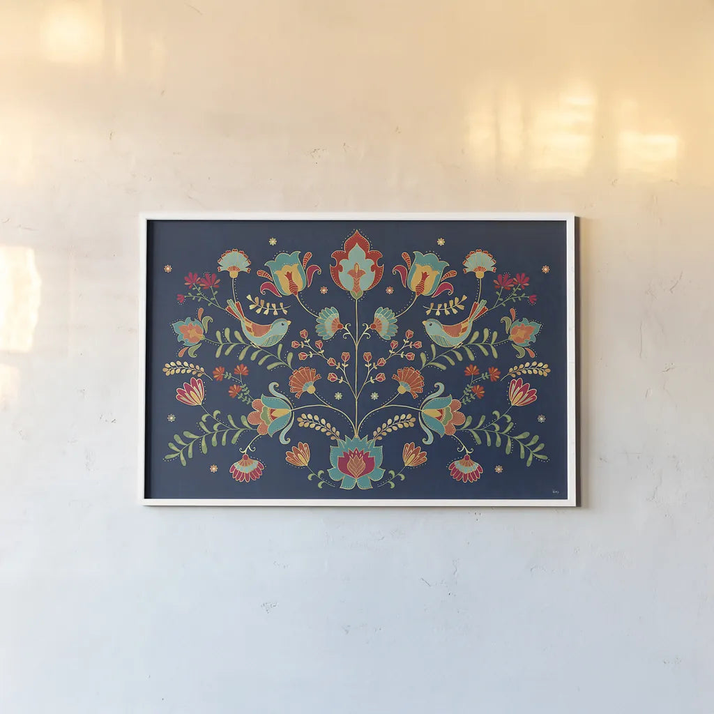 Folk Floral I Dark by Veronique Charron. shown as a paper print in a white frame. Available as a archival giclee rolled canvas, fine art paper, or poster print. SKU 47027i.