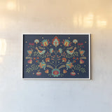Folk Floral I Dark by Veronique Charron. shown as a paper print in a white frame. Available as a archival giclee rolled canvas, fine art paper, or poster print. SKU 47027i.