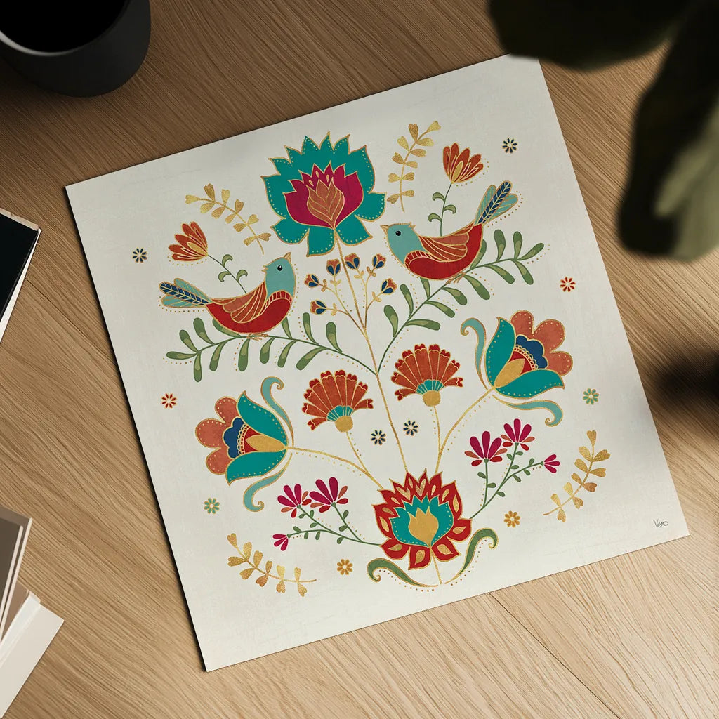 Folk Floral II by Veronique Charron. Shown as a detailed flat fine art print, highlighting archival giclee quality. Available as an archival giclee rolled canvas, fine art paper, or poster print. SKU 47020a.