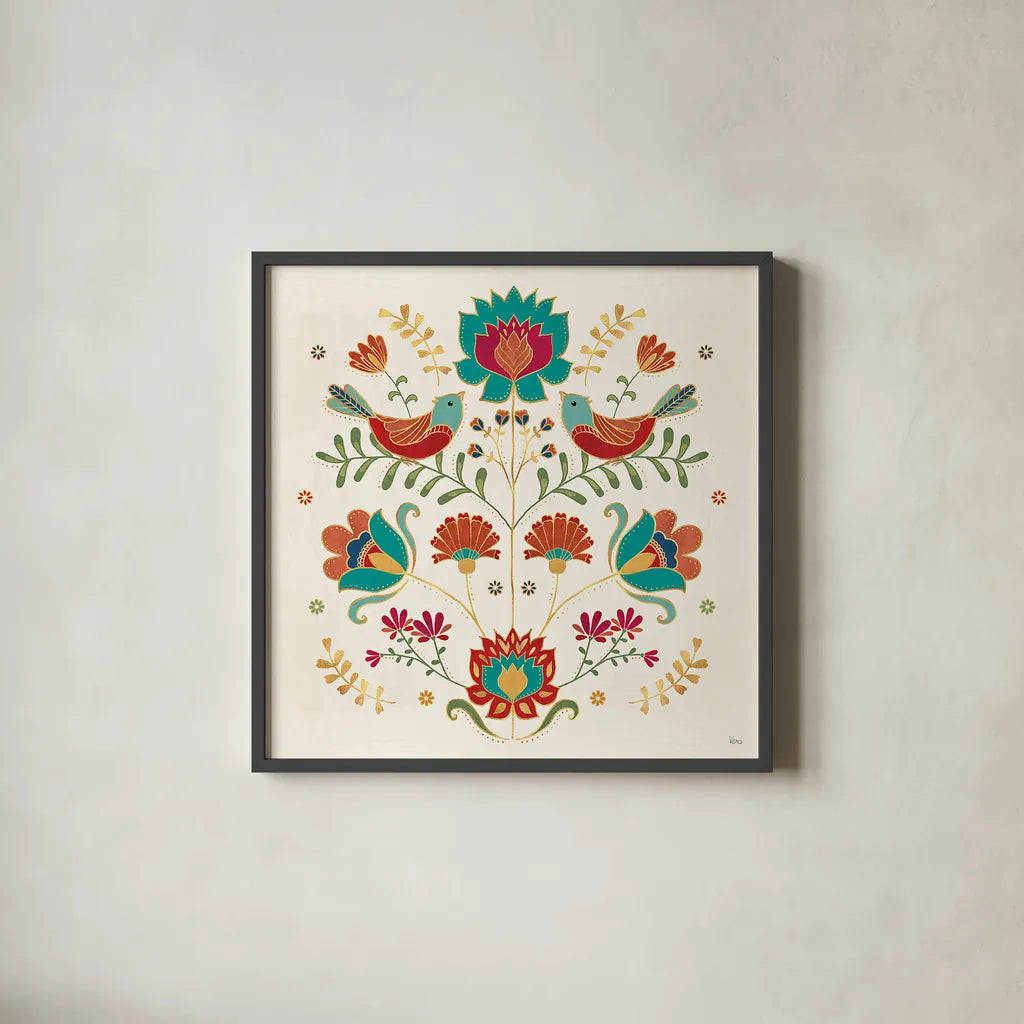 Folk Floral II by Veronique Charron. Shown in a sleek black glass frame for a contemporary gallery look. Available as an archival giclee rolled canvas, fine art paper, or poster print. SKU 47020a.