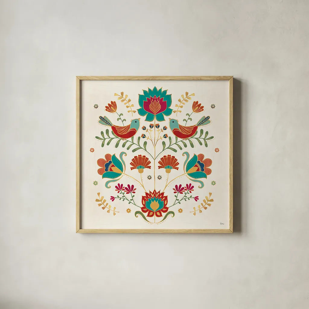 Folk Floral II by Veronique Charron. Shown in a natural wood glass frame for a timeless modern aesthetic. Available as an archival giclee rolled canvas, fine art paper, or poster print. SKU 47020a.