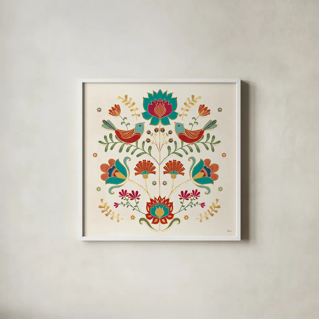 Folk Floral II by Veronique Charron. Shown in a crisp white glass frame for a clean and minimalist style. Available as an archival giclee rolled canvas, fine art paper, or poster print. SKU 47020a.