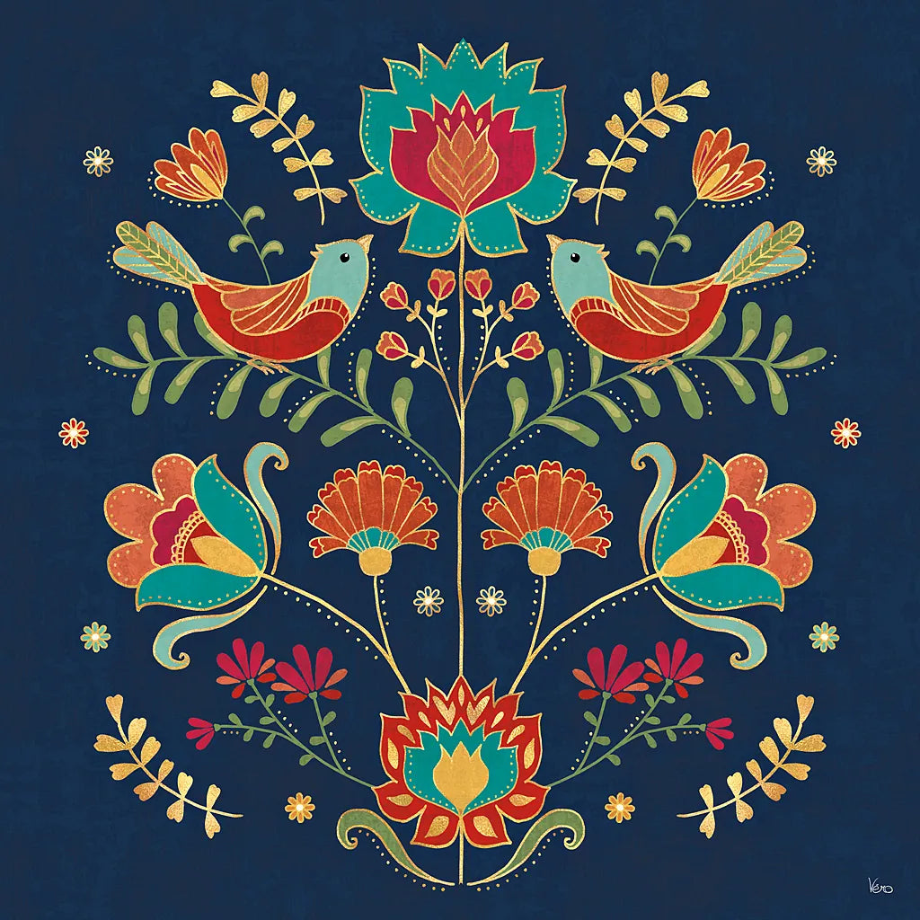 Folk Floral II Dark by Veronique Charron. SKU 47028a. Archival Giclee Fine art print for wall decor.