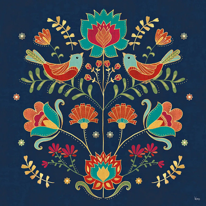 Folk Floral II Dark by Veronique Charron. SKU 47028a. Archival Giclee Fine art print for wall decor.
