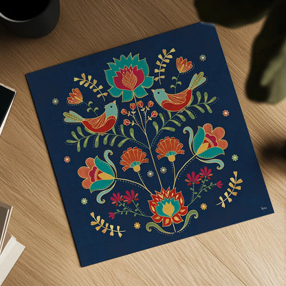 Folk Floral II Dark by Veronique Charron. Shown as a detailed flat fine art print, highlighting archival giclee quality. Available as an archival giclee rolled canvas, fine art paper, or poster print. SKU 47028a.