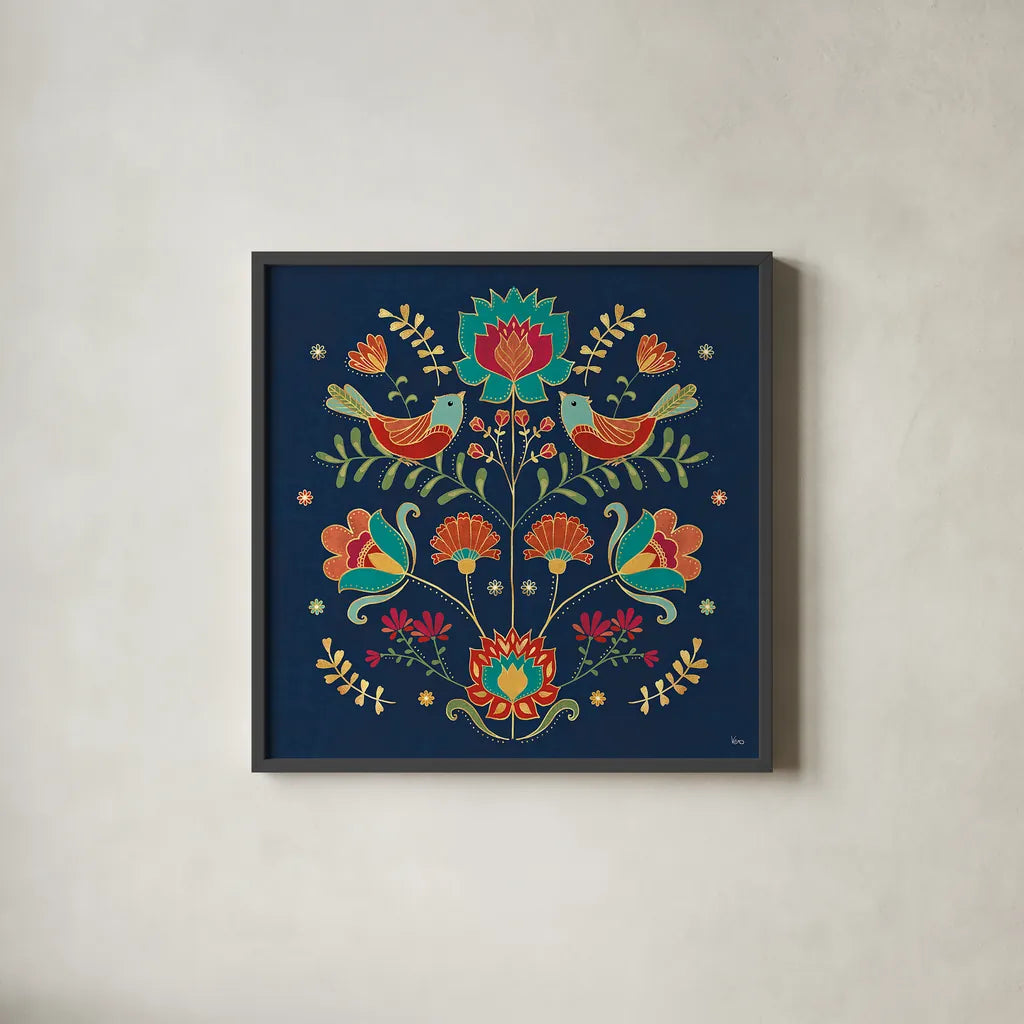 Folk Floral II Dark by Veronique Charron. Shown in a sleek black glass frame for a contemporary gallery look. Available as an archival giclee rolled canvas, fine art paper, or poster print. SKU 47028a.