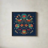 Folk Floral II Dark by Veronique Charron. Shown in a sleek black glass frame for a contemporary gallery look. Available as an archival giclee rolled canvas, fine art paper, or poster print. SKU 47028a.