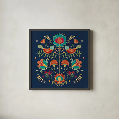 Folk Floral II Dark by Veronique Charron. Shown in a sleek black glass frame for a contemporary gallery look. Available as an archival giclee rolled canvas, fine art paper, or poster print. SKU 47028a.