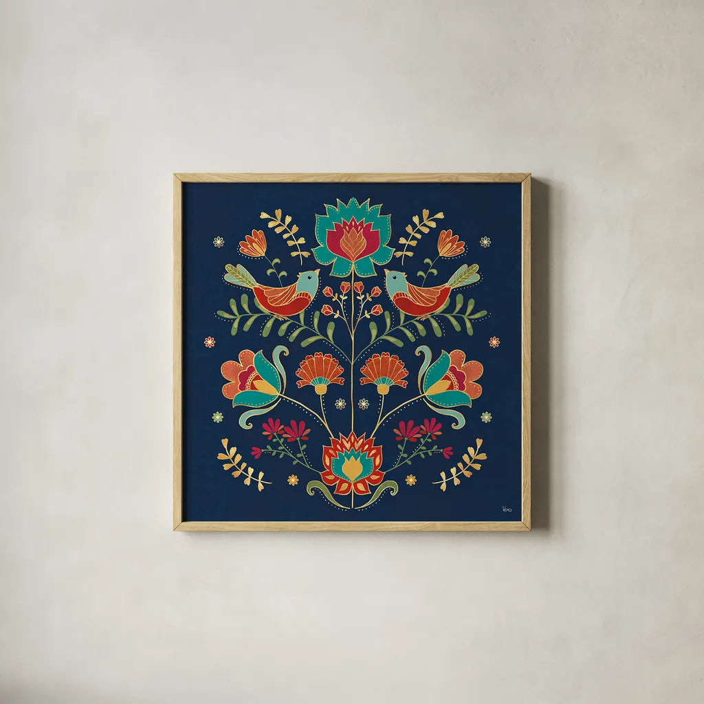 Folk Floral II Dark by Veronique Charron. Shown in a natural wood glass frame for a timeless modern aesthetic. Available as an archival giclee rolled canvas, fine art paper, or poster print. SKU 47028a.