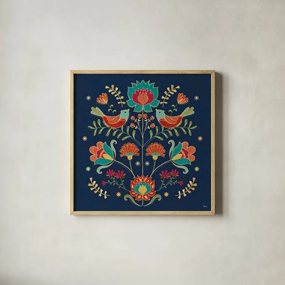 Folk Floral II Dark by Veronique Charron. Shown in a natural wood glass frame for a timeless modern aesthetic. Available as an archival giclee rolled canvas, fine art paper, or poster print. SKU 47028a.
