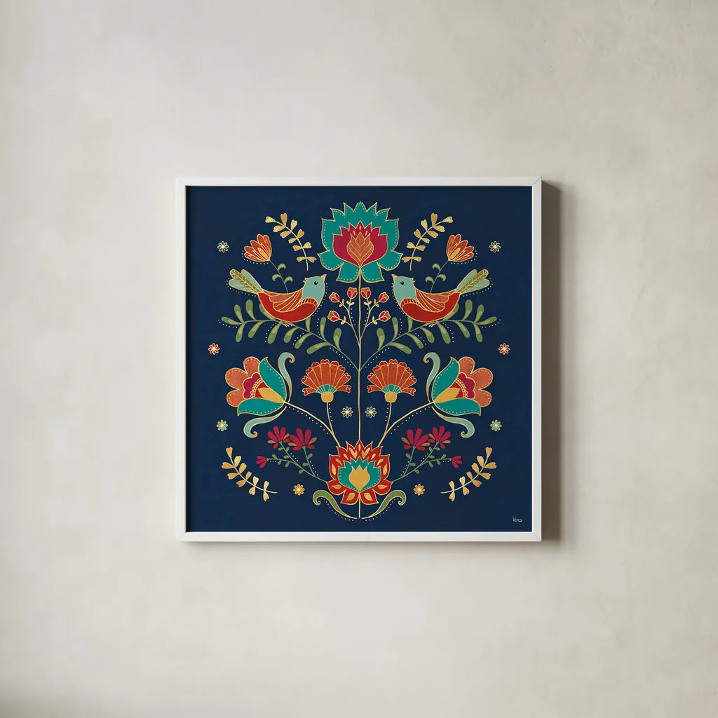 Folk Floral II Dark by Veronique Charron. Shown in a crisp white glass frame for a clean and minimalist style. Available as an archival giclee rolled canvas, fine art paper, or poster print. SKU 47028a.