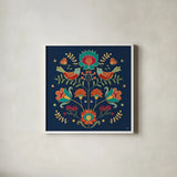 Folk Floral II Dark by Veronique Charron. Shown in a crisp white glass frame for a clean and minimalist style. Available as an archival giclee rolled canvas, fine art paper, or poster print. SKU 47028a.