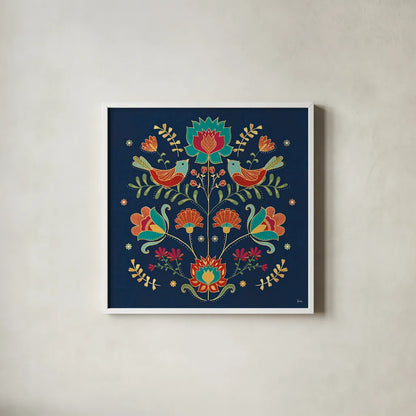 Folk Floral II Dark by Veronique Charron. Shown in a crisp white glass frame for a clean and minimalist style. Available as an archival giclee rolled canvas, fine art paper, or poster print. SKU 47028a.