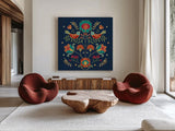 Folk Floral II Dark by Veronique Charron. Shown as extra-large giant wall art in a modern living room. Available as an archival giclee rolled canvas, fine art paper, or poster print. SKU 47028a.