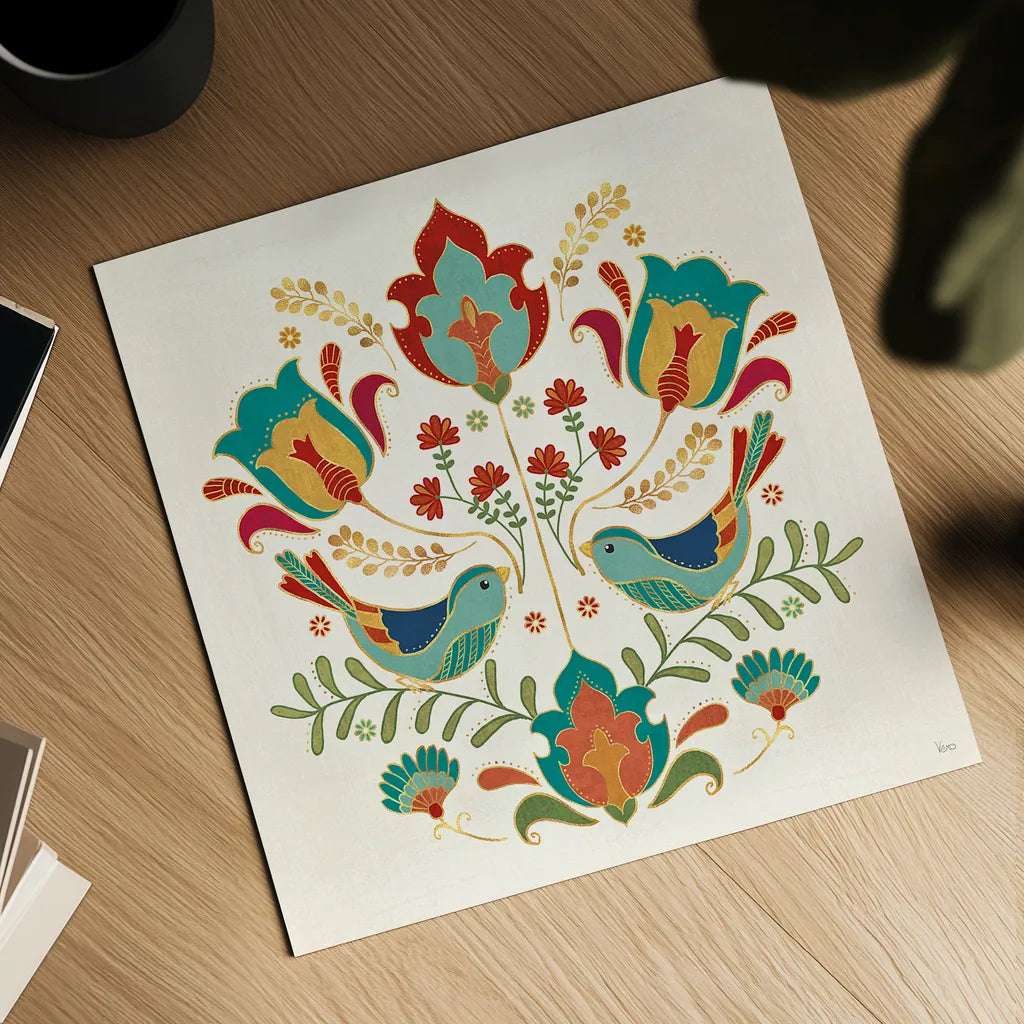 Folk Floral III by Veronique Charron. Shown as a detailed flat fine art print, highlighting archival giclee quality. Available as an archival giclee rolled canvas, fine art paper, or poster print. SKU 47021a.