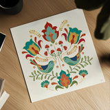 Folk Floral III by Veronique Charron. Shown as a detailed flat fine art print, highlighting archival giclee quality. Available as an archival giclee rolled canvas, fine art paper, or poster print. SKU 47021a.