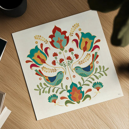 Folk Floral III by Veronique Charron. Shown as a detailed flat fine art print, highlighting archival giclee quality. Available as an archival giclee rolled canvas, fine art paper, or poster print. SKU 47021a.