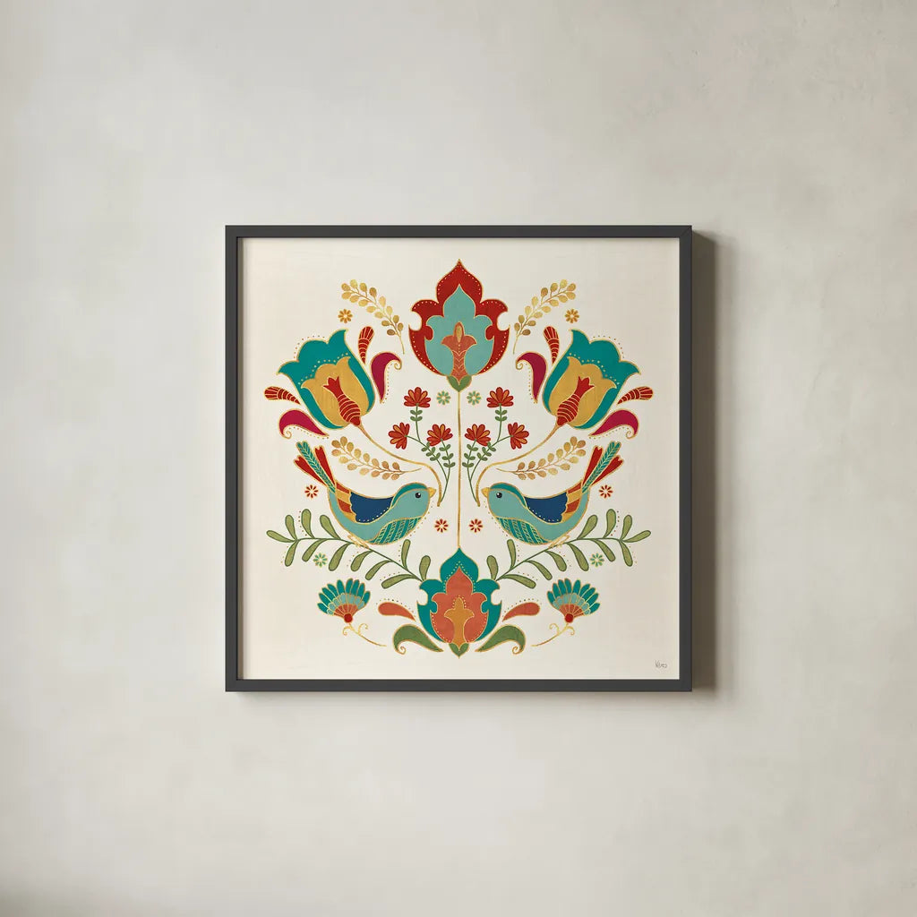 Folk Floral III by Veronique Charron. Shown in a sleek black glass frame for a contemporary gallery look. Available as an archival giclee rolled canvas, fine art paper, or poster print. SKU 47021a.