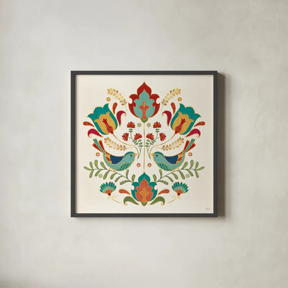 Folk Floral III by Veronique Charron. Shown in a sleek black glass frame for a contemporary gallery look. Available as an archival giclee rolled canvas, fine art paper, or poster print. SKU 47021a.