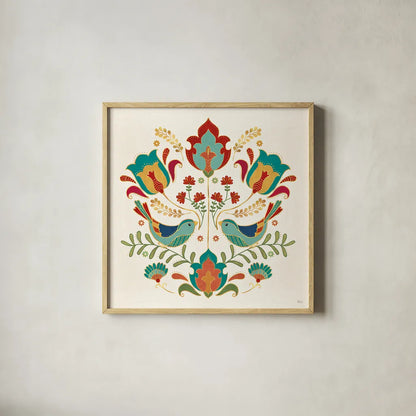 Folk Floral III by Veronique Charron. Shown in a natural wood glass frame for a timeless modern aesthetic. Available as an archival giclee rolled canvas, fine art paper, or poster print. SKU 47021a.