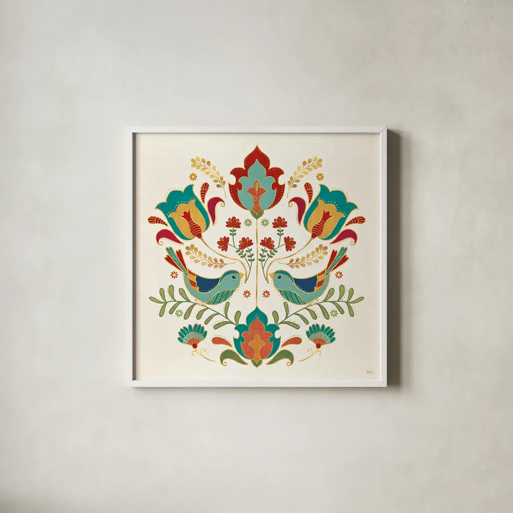 Folk Floral III by Veronique Charron. Shown in a crisp white glass frame for a clean and minimalist style. Available as an archival giclee rolled canvas, fine art paper, or poster print. SKU 47021a.