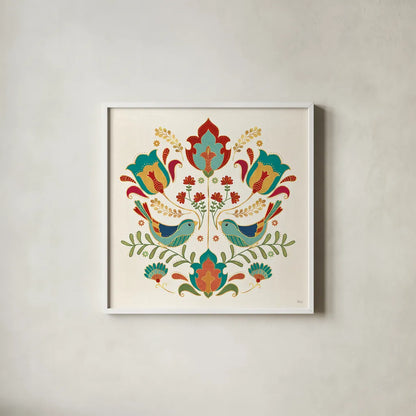 Folk Floral III by Veronique Charron. Shown in a crisp white glass frame for a clean and minimalist style. Available as an archival giclee rolled canvas, fine art paper, or poster print. SKU 47021a.