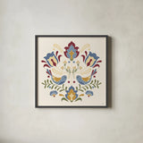 Folk Floral III Blue by Veronique Charron. Shown in a sleek black glass frame for a contemporary gallery look. Available as an archival giclee rolled canvas, fine art paper, or poster print. SKU 49199a.