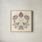 Folk Floral III Blue by Veronique Charron. Shown in a natural wood glass frame for a timeless modern aesthetic. Available as an archival giclee rolled canvas, fine art paper, or poster print. SKU 49199a.
