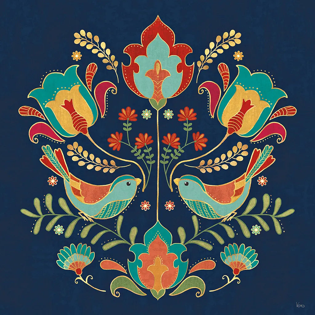 Folk Floral III Dark by Veronique Charron. SKU 47029a. Archival Giclee Fine art print for wall decor.